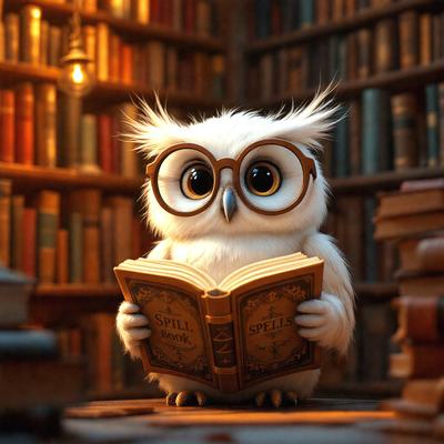 The primary subject of the image is a small, cute, and fluffy owl wearing glasses. The owl is sitting on a book, which is open and placed on a table. The setting appears to be a library or a cozy reading area, as there are numerous books surrounding the owl. The visual style of the image is a combination of photo and digital art, creating a whimsical and charming scene. The colors and mood of the image are predominantly warm and inviting, with the owl and the books adding a touch of playfulness and innocence to the scene.